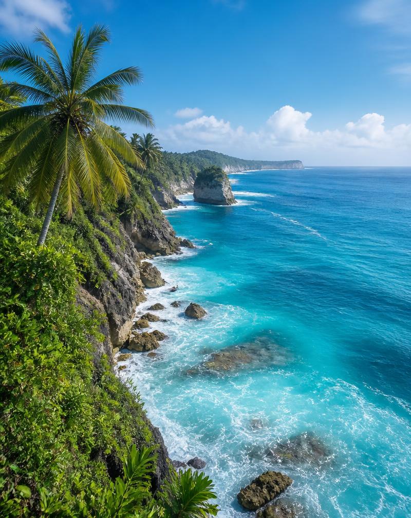 Clifftop coast and clear blue water in Bali